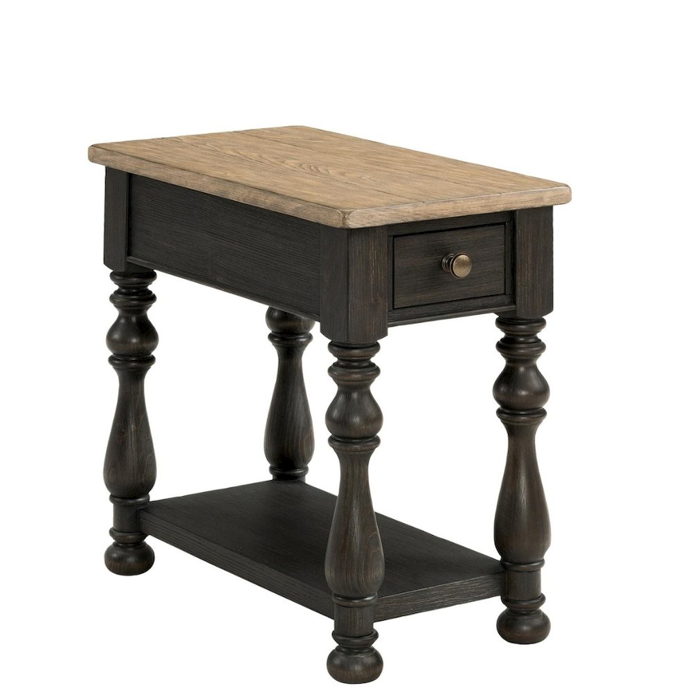 Brown Chairside Table, Poplar Ash Veneer, V-Grooves, Drawer, Fixed Shelf