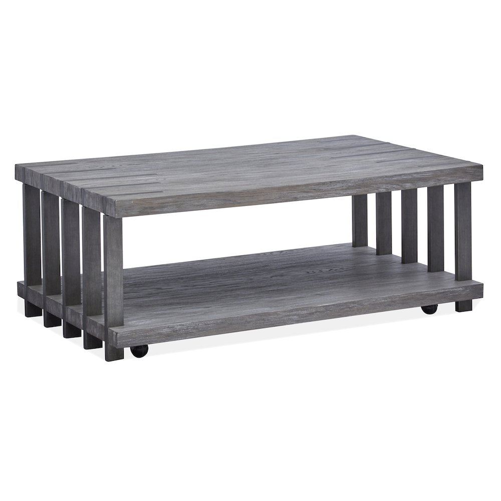 Weathered Gravel And Satin Bronze Rectangular Cocktail Table With Casters