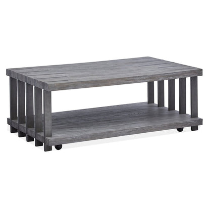 Weathered Gravel And Satin Bronze Rectangular Cocktail Table With Casters