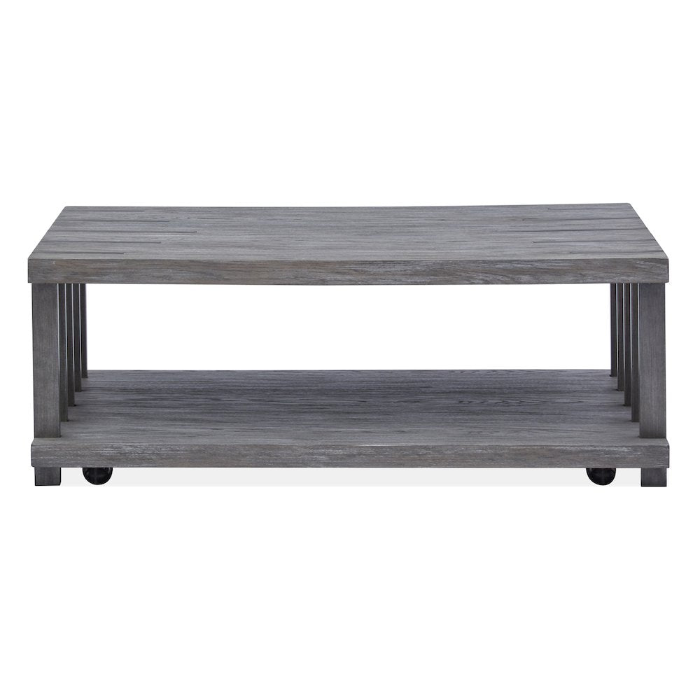 Weathered Gravel And Satin Bronze Rectangular Cocktail Table With Casters
