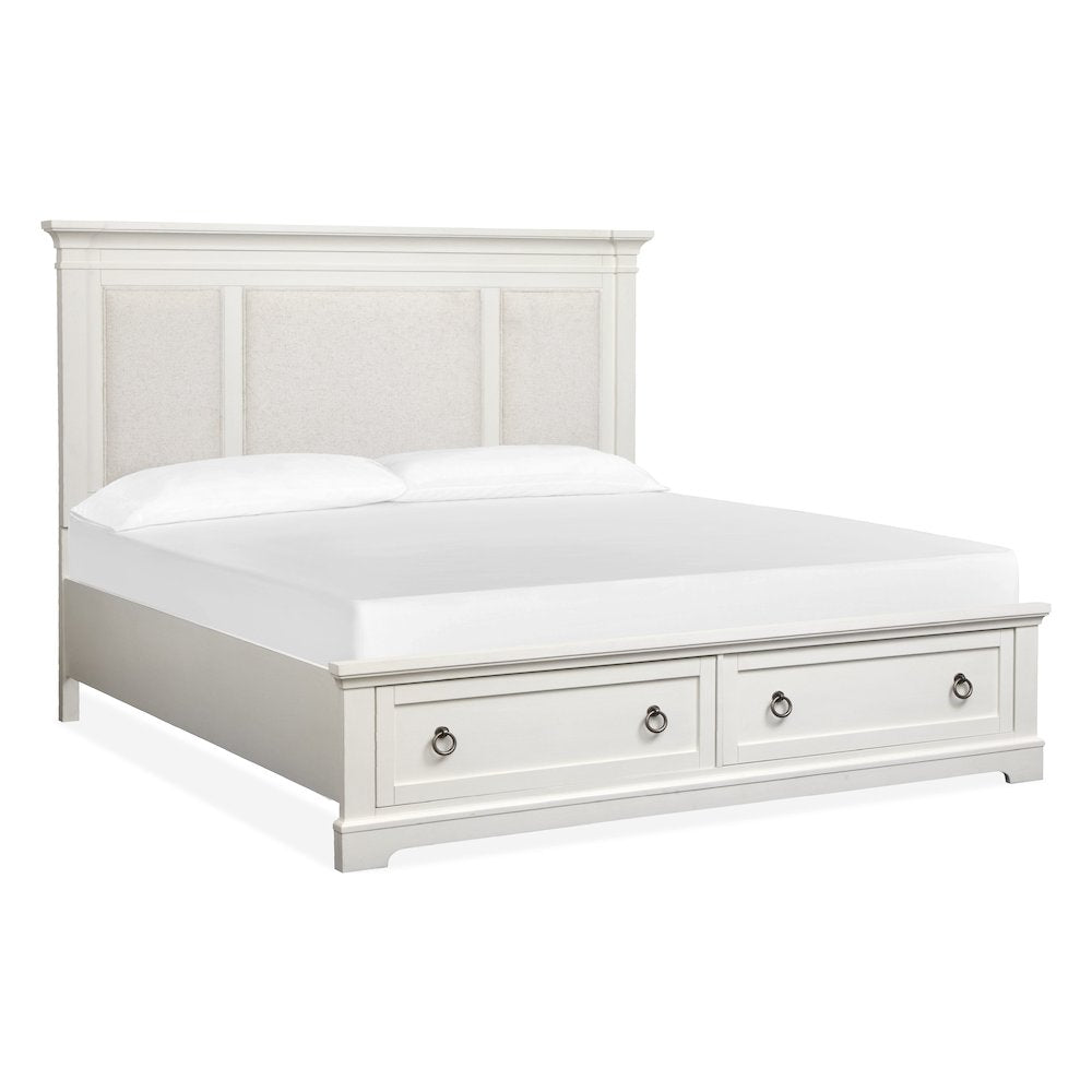 Kingston Whisper White And Cerused Nutmeg Queen Upholstered Panel Storage Bed