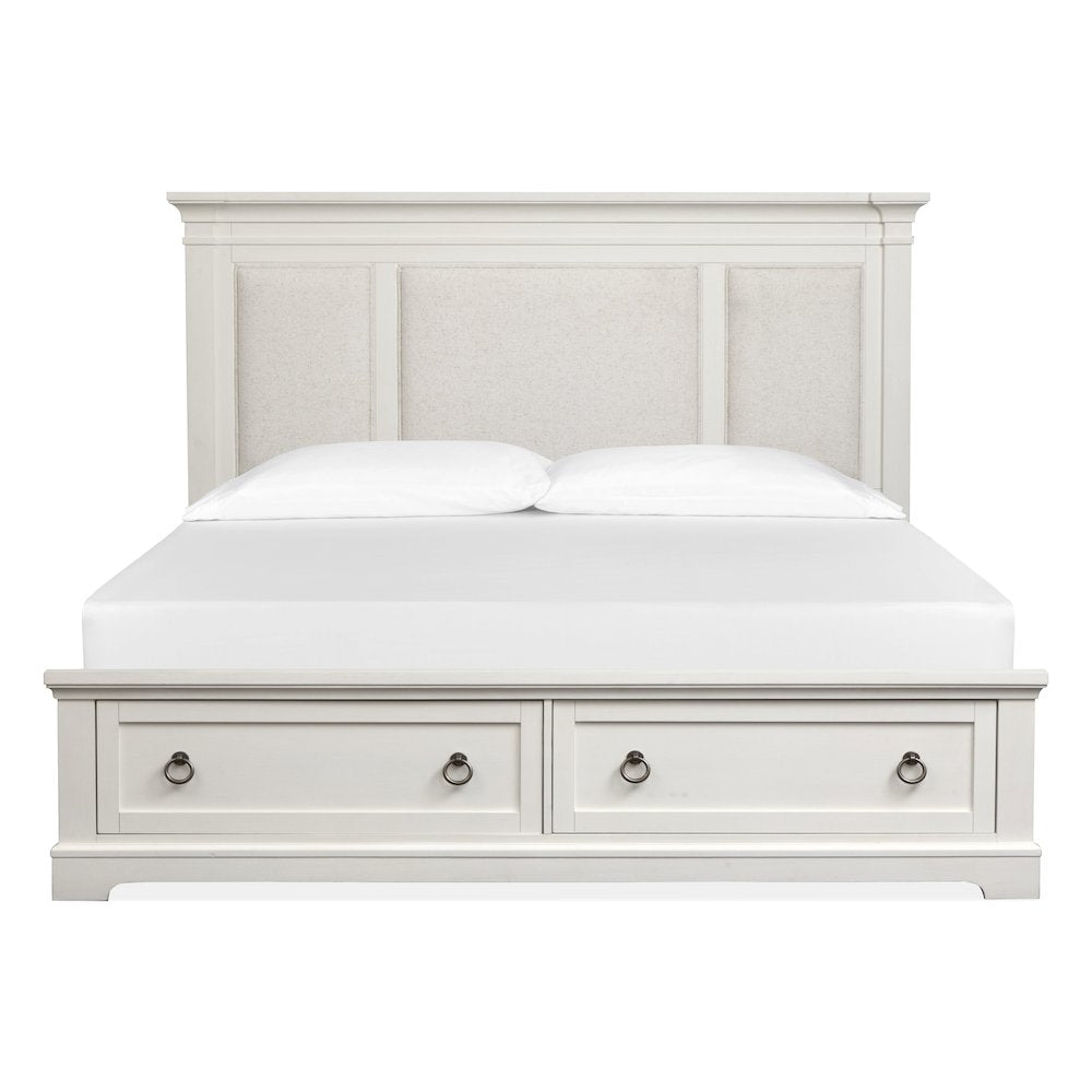 Kingston Whisper White And Cerused Nutmeg King Upholstered Panel Storage Bed
