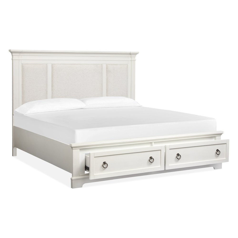 Kingston Whisper White And Cerused Nutmeg King Upholstered Panel Storage Bed