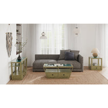 Elora Walnut And Tarnished Silver And Clear Glass Demilune Sofa Table