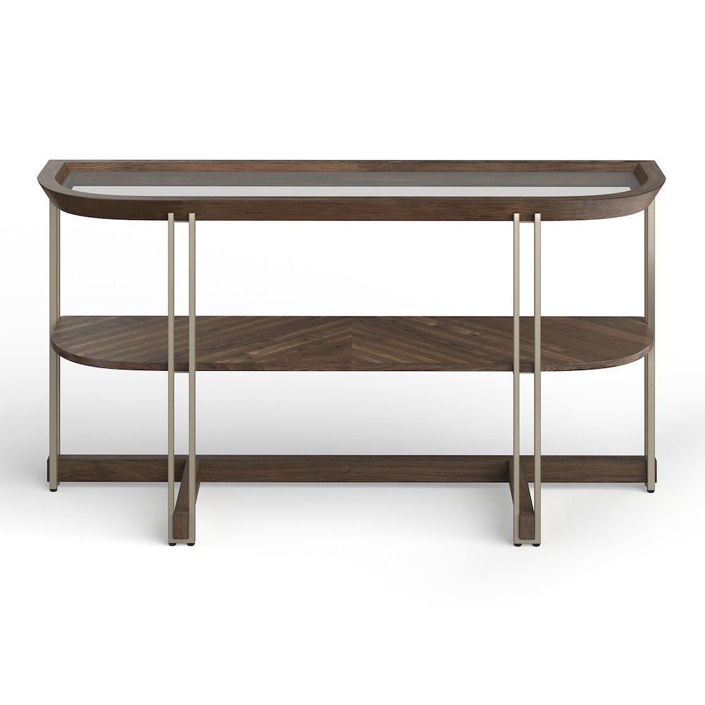 Elora Walnut And Tarnished Silver And Clear Glass Demilune Sofa Table