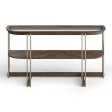Elora Walnut And Tarnished Silver And Clear Glass Demilune Sofa Table