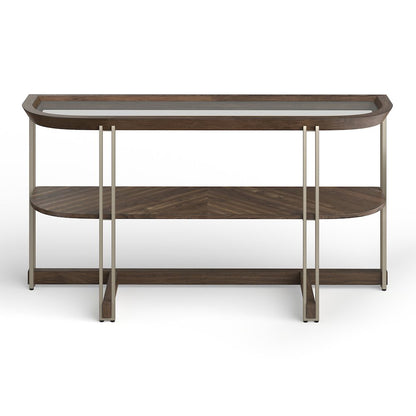 Elora Walnut And Tarnished Silver And Clear Glass Demilune Sofa Table
