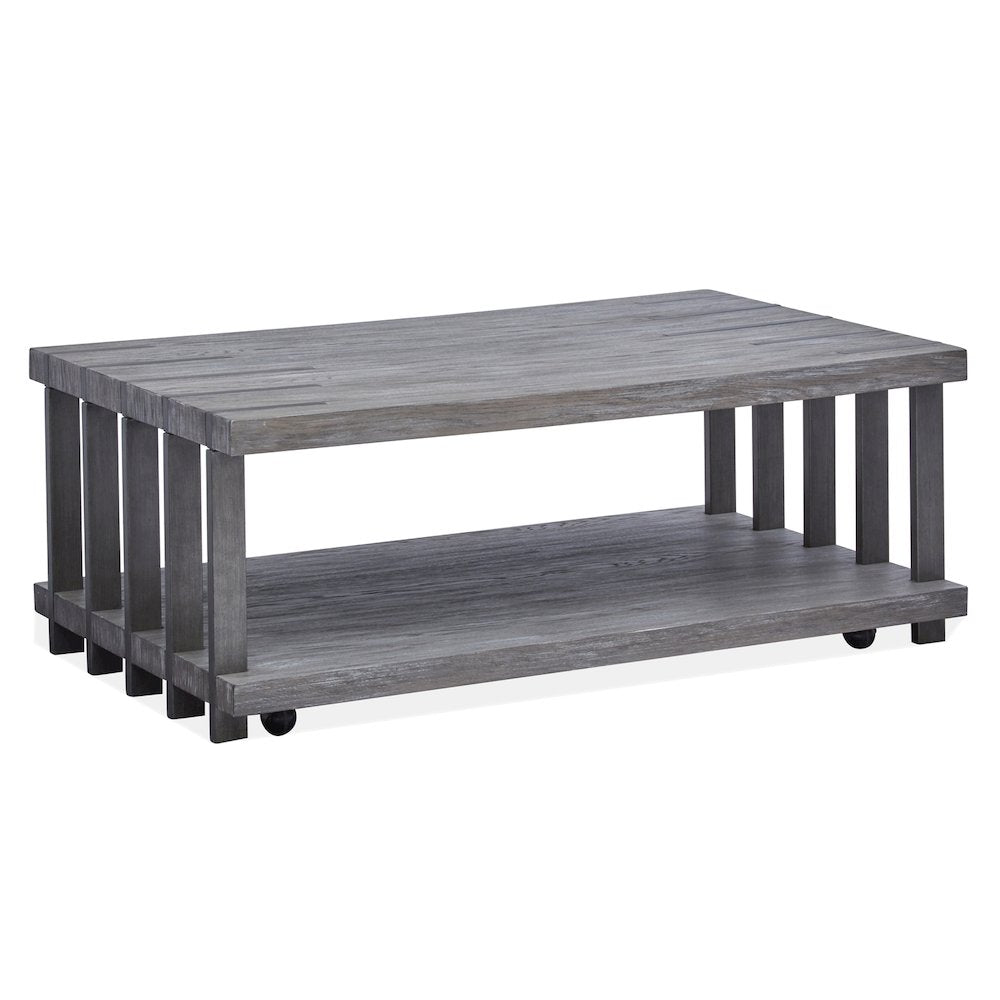 Weathered Gravel And Satin Bronze Rectangular Cocktail Table With Casters