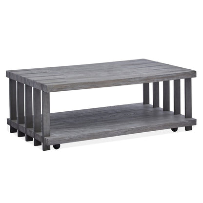 Weathered Gravel And Satin Bronze Rectangular Cocktail Table With Casters