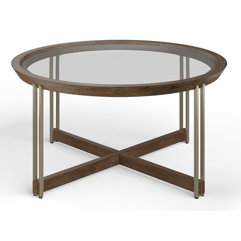 Elora Walnut And Tarnished Silver And Clear Glass Round Cocktail Table