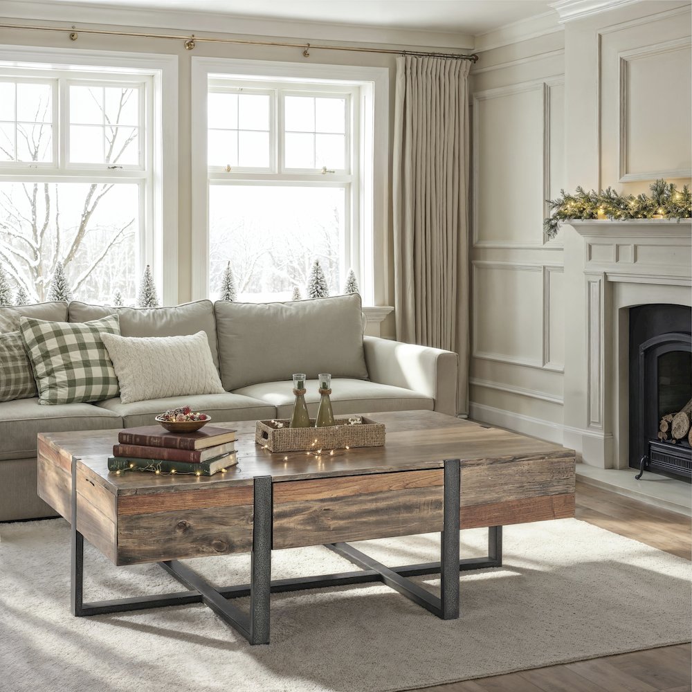 Prescott Rustic Honey And Distressed Iron Rectangular Cocktail Table