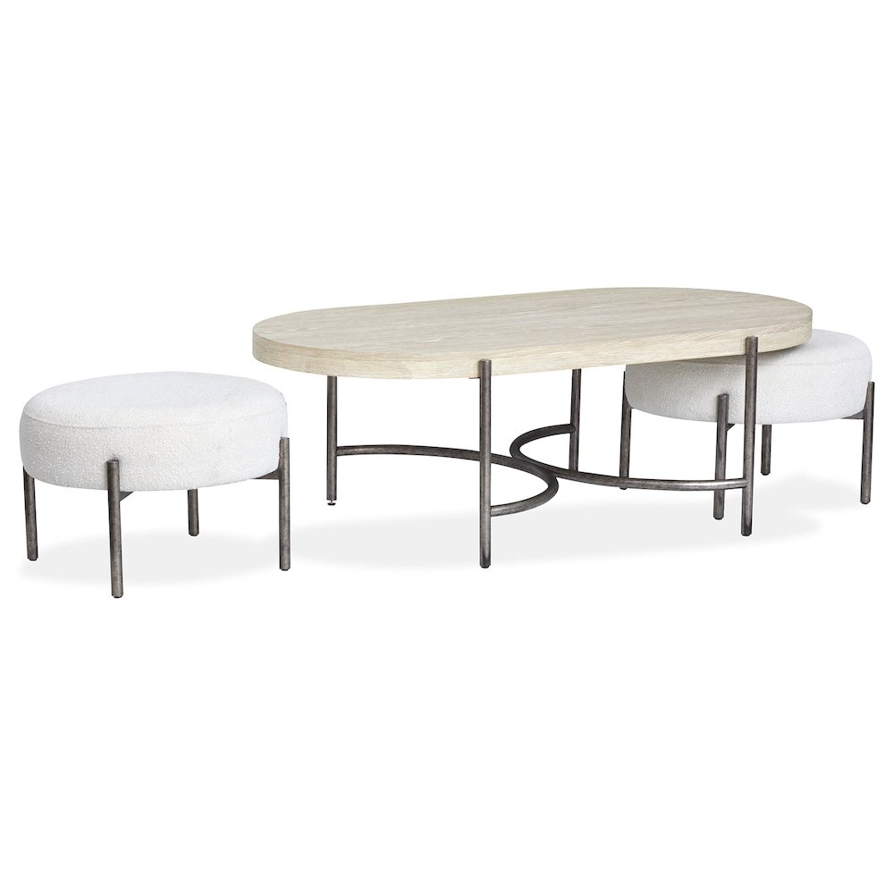 Edgecomb Grey And Weathered Antique Nickel Oval Cocktail Table With 2 Ottomans