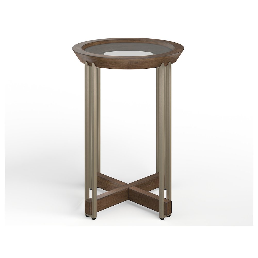 Elora Walnut And Tarnished Silver And Clear Glass Round Accent Table