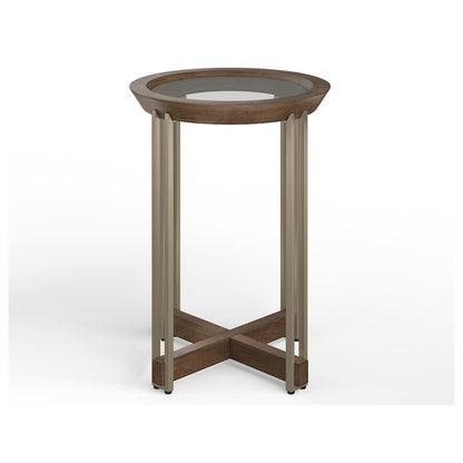 Elora Walnut And Tarnished Silver And Clear Glass Round Accent Table