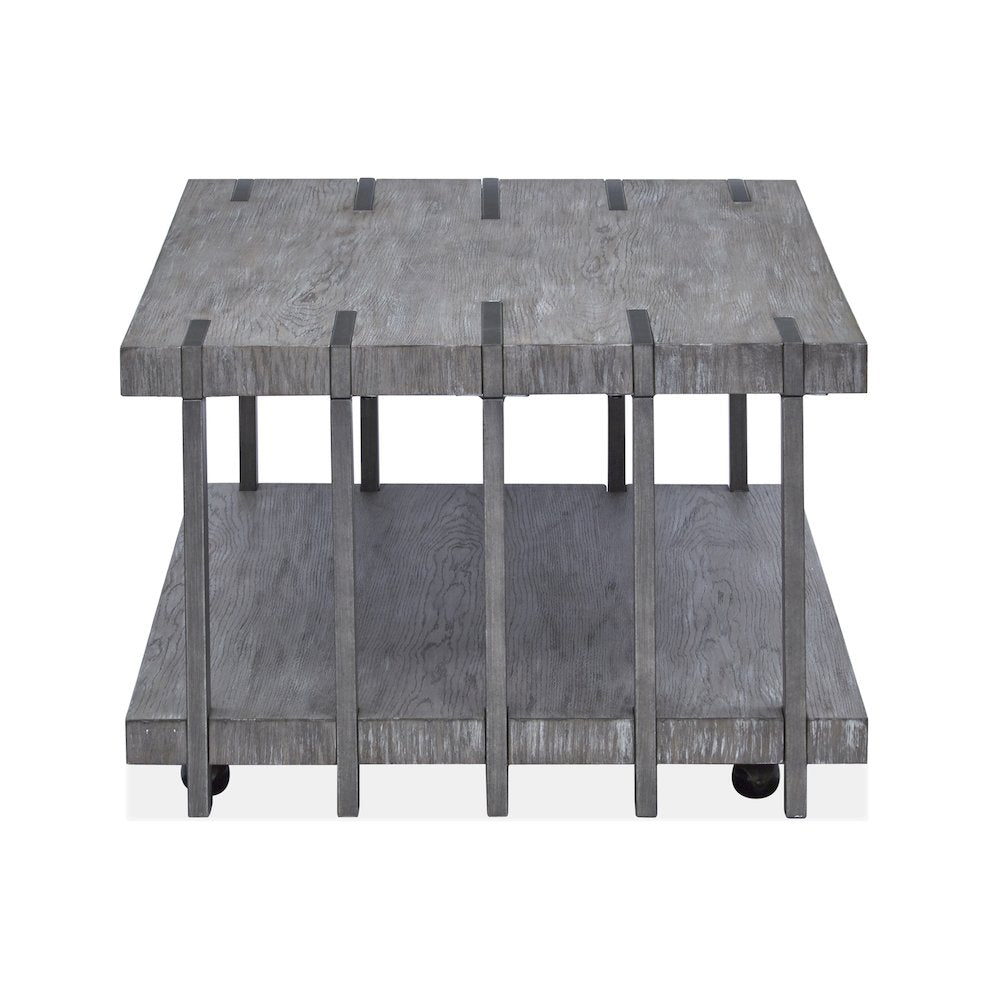 Weathered Gravel And Satin Bronze Rectangular Cocktail Table With Casters