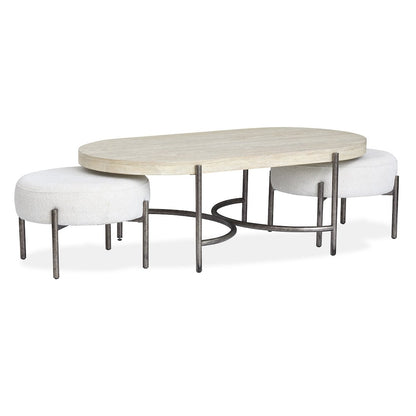 Edgecomb Grey And Weathered Antique Nickel Oval Cocktail Table With 2 Ottomans