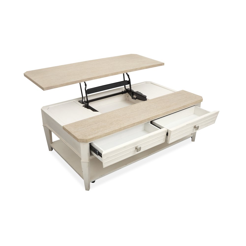 Echo Isles Sea Pearl And Driftwood Lift Top Storage Cocktail Table With Casters