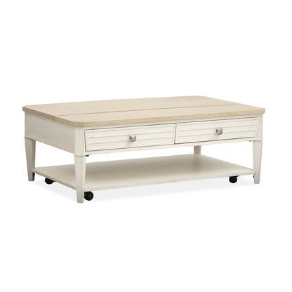 Echo Isles Sea Pearl And Driftwood Lift Top Storage Cocktail Table With Casters