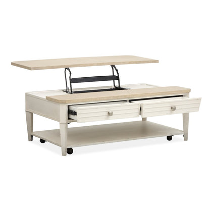 Echo Isles Sea Pearl And Driftwood Lift Top Storage Cocktail Table With Casters