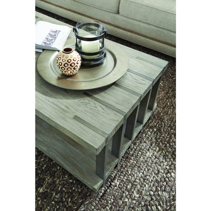 Weathered Gravel And Satin Bronze Rectangular Cocktail Table With Casters
