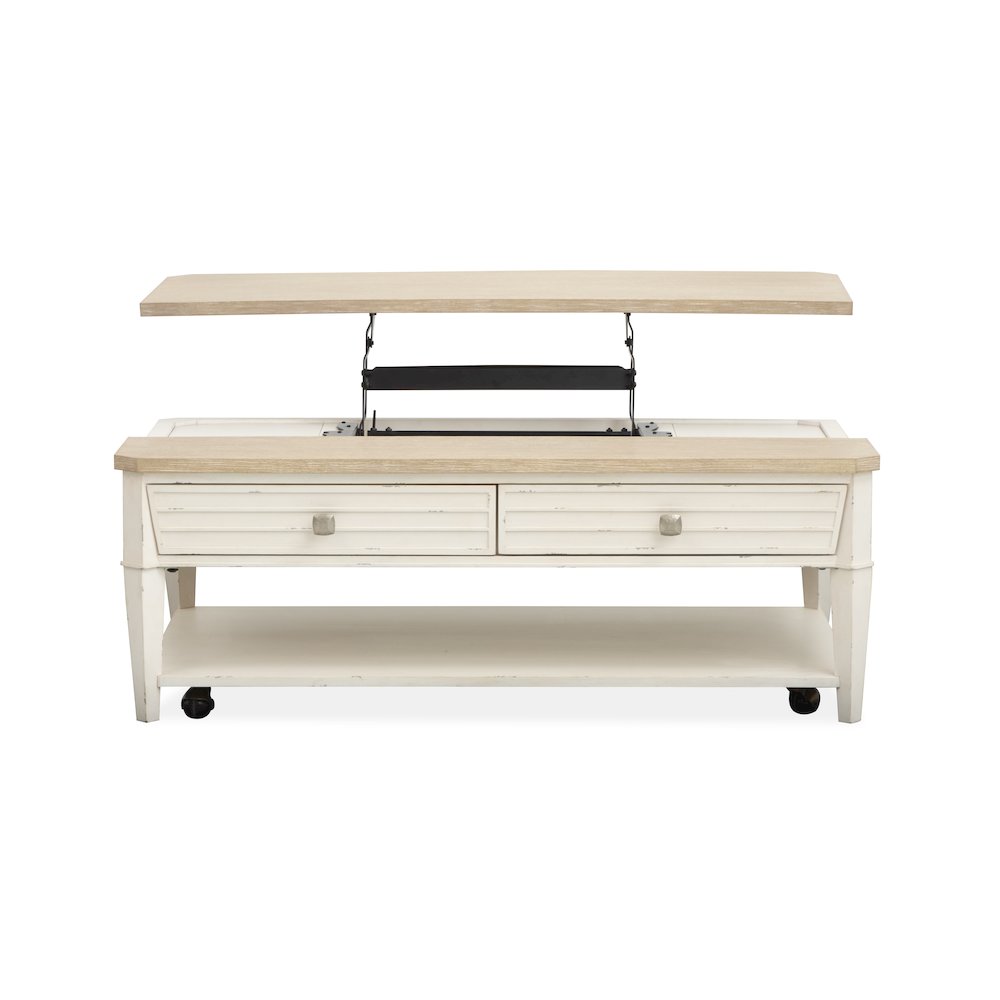 Echo Isles Sea Pearl And Driftwood Lift Top Storage Cocktail Table With Casters