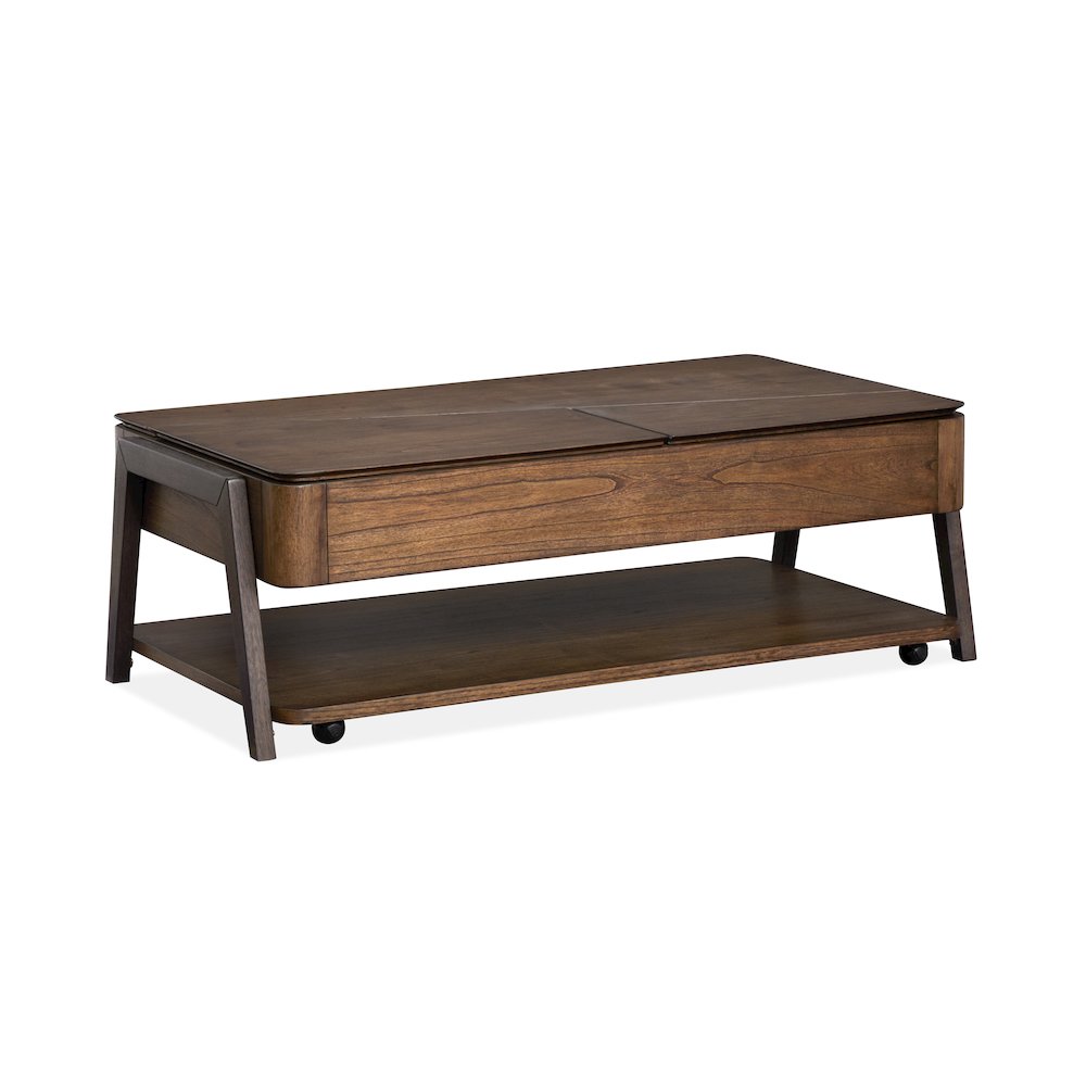 Milk Chocolate And Dark Chocolate Lift Top Storage Cocktail Table With Casters