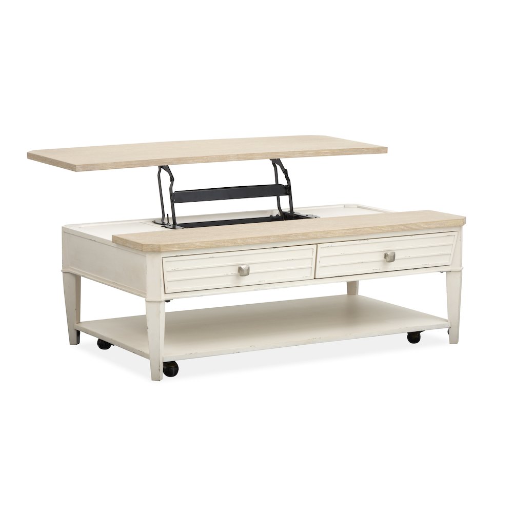 Echo Isles Sea Pearl And Driftwood Lift Top Storage Cocktail Table With Casters