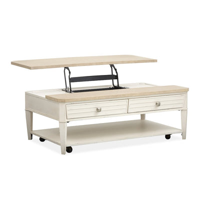 Echo Isles Sea Pearl And Driftwood Lift Top Storage Cocktail Table With Casters