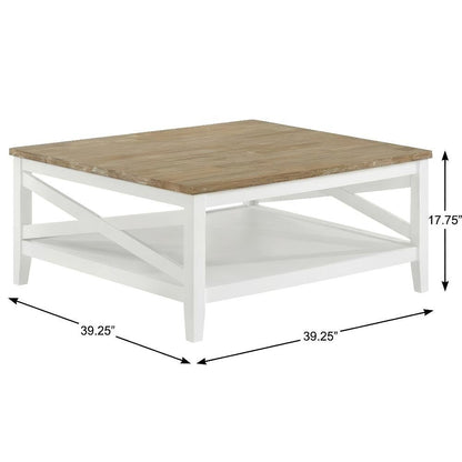 Brown Square Wood Coffee Table with Shelf and Coastal Style Design