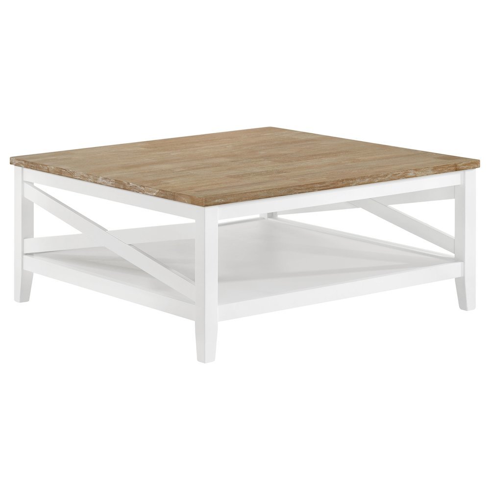 Brown Square Wood Coffee Table with Shelf and Coastal Style Design