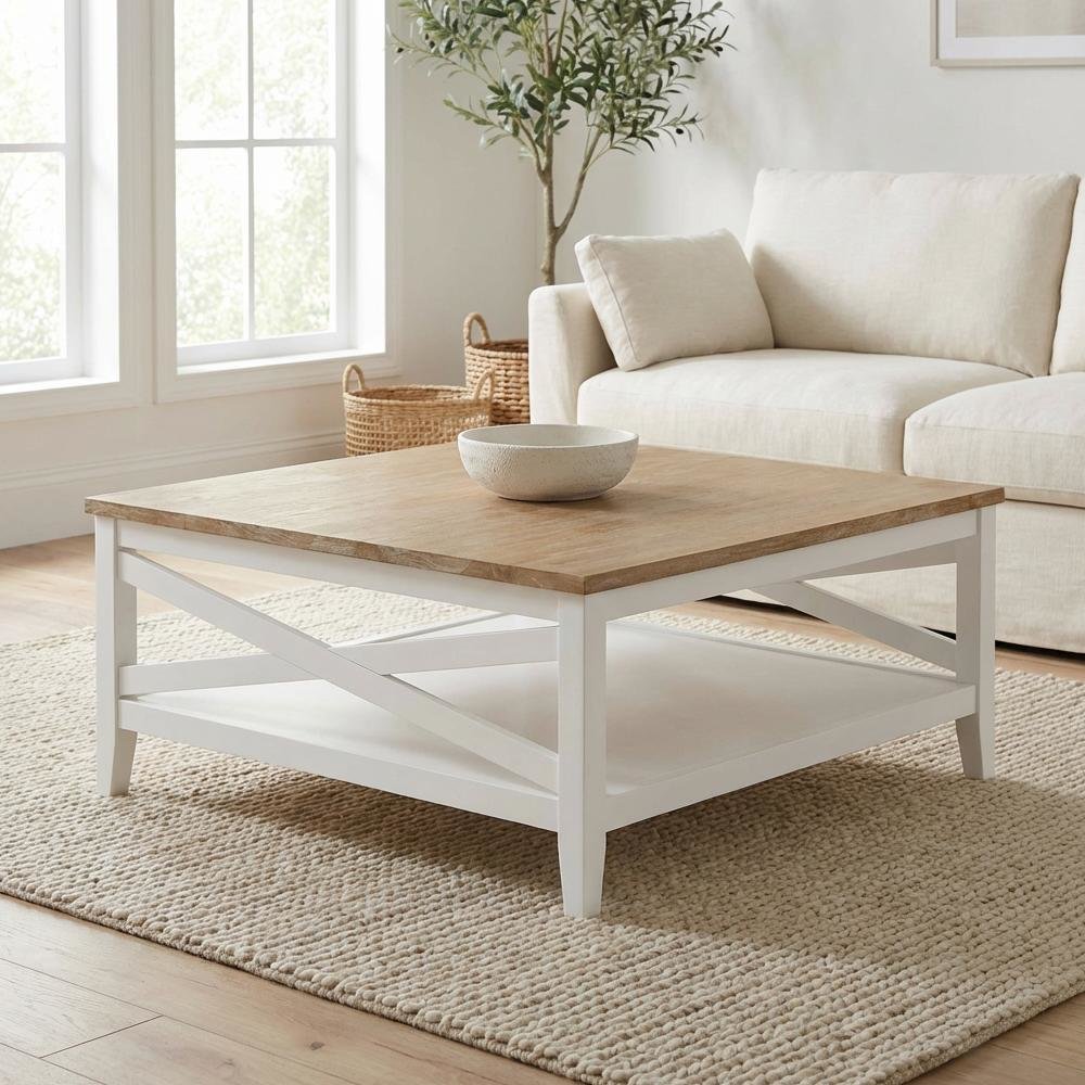 Brown Square Wood Coffee Table with Shelf and Coastal Style Design