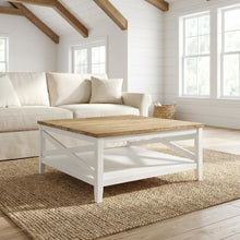 Brown Square Wood Coffee Table with Shelf and Coastal Style Design