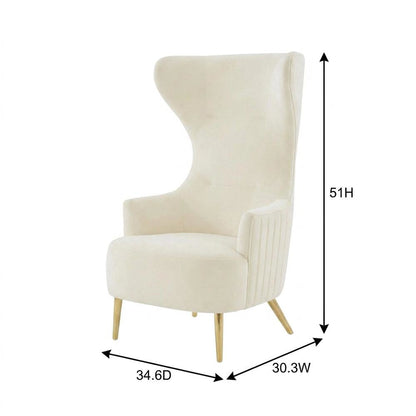 Beige Velvet Wingback Chair With Gold Frame And Channel Tufted Back