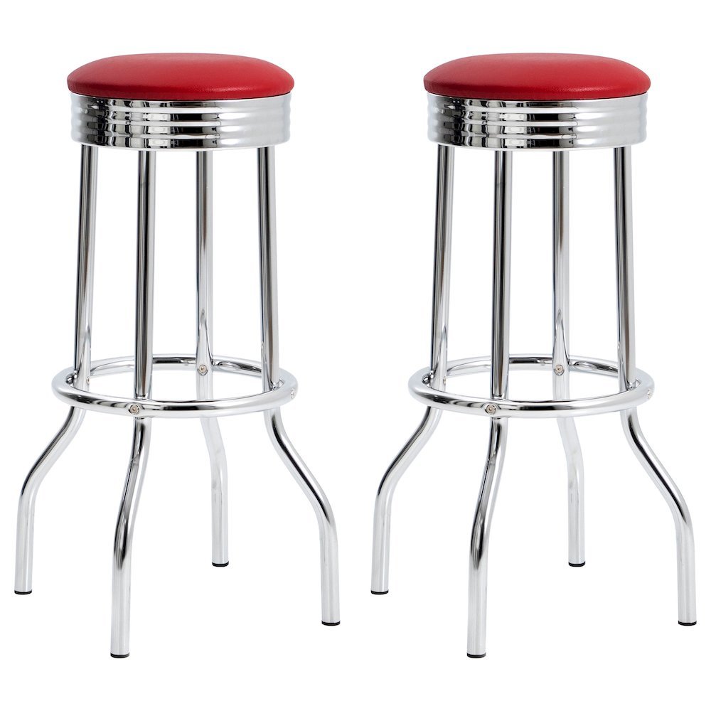 Upholstered Bar Stools with Chrome Base Set of 2 in Red and Silver