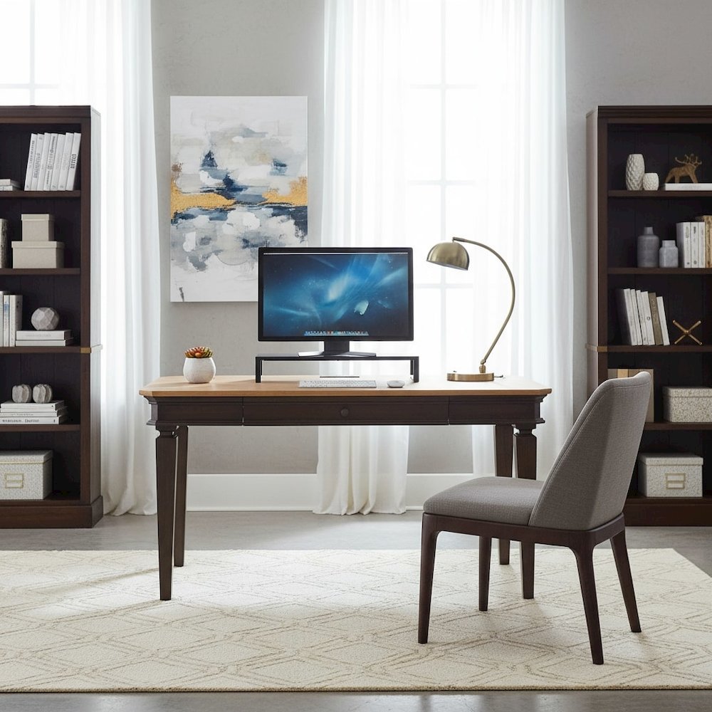 Executive Writing Desk, Power Center, Solid Wood Plank Tops, Brown