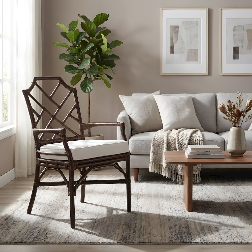 Fabric Upholstered Rattan Armchair with Chippendale Shield Back, Paloma Brown