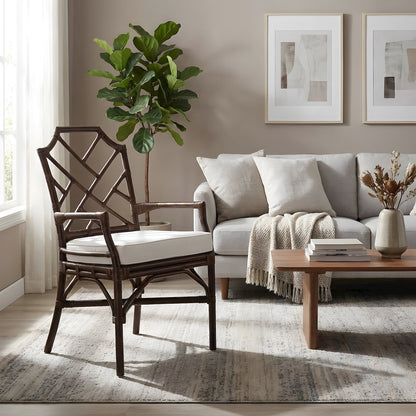 Fabric Upholstered Rattan Armchair with Chippendale Shield Back, Paloma Brown