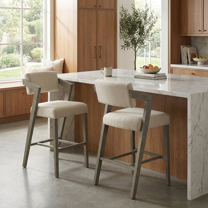 Grey Fabric Counter Height Stool with Wooden Aged Gray Finish and Low Back