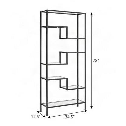 Steel Etagere with Seven Tempered Glass Shelves, Art Deco, Matte Black