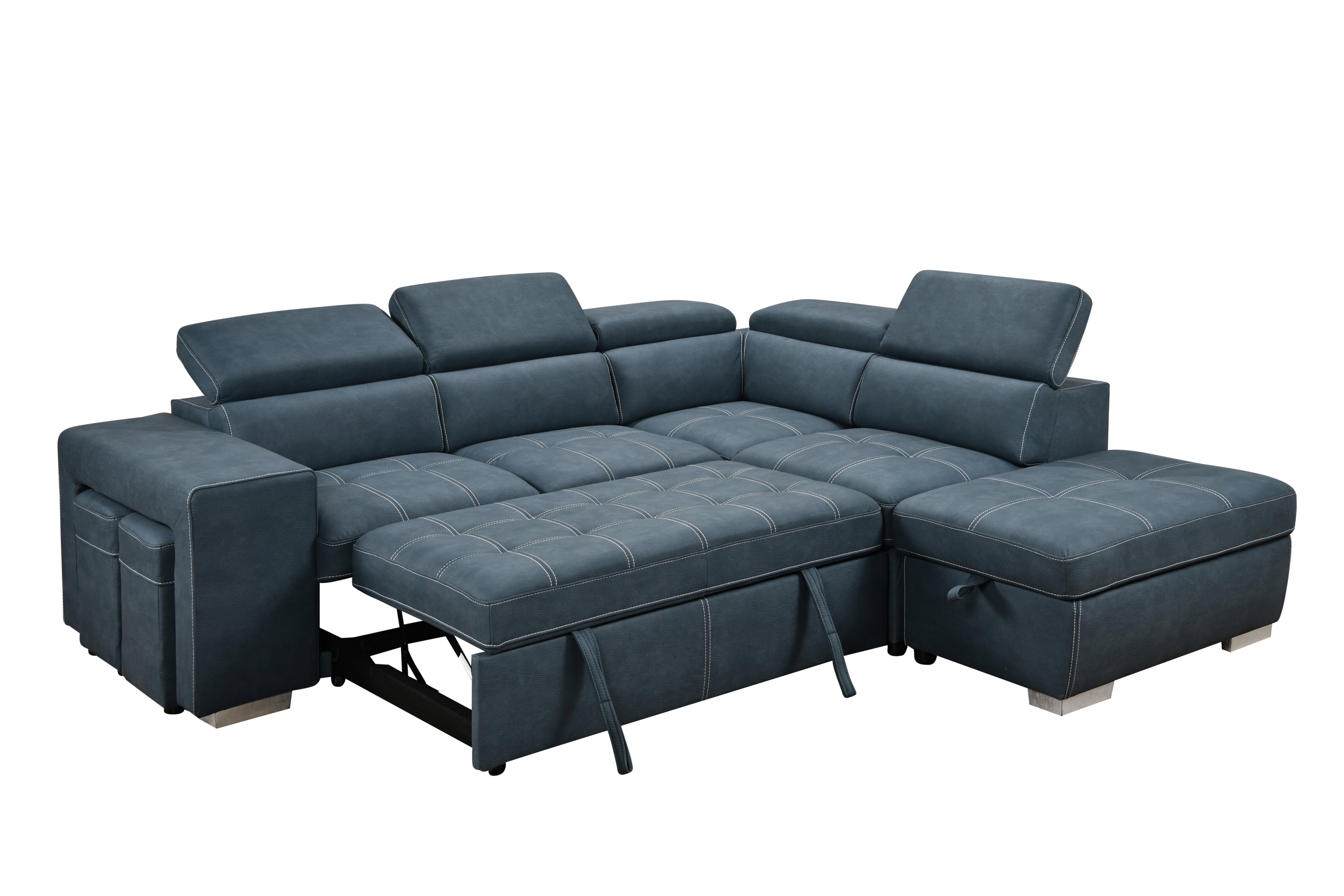 105" Sectional Sofa with Adjustable Headrest ,Sleeper Sectional Pull Out Couch Bed with Storage Ottoman and 2 Stools,Blue