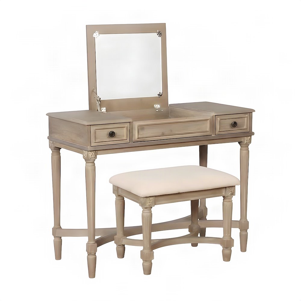 Rubberwood Bedroom Vanity with Lift-Top Storage and Padded Stool, Gray Wash