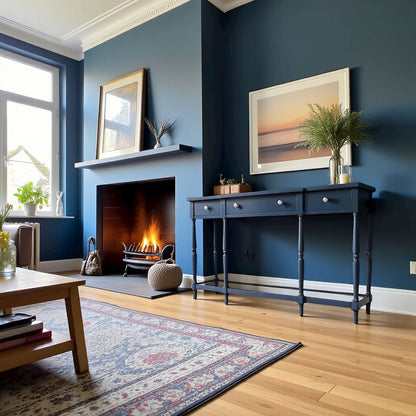 60-Inch Blue Sofa Table with Rubberwood and Veneer for Classic Living Room Décor