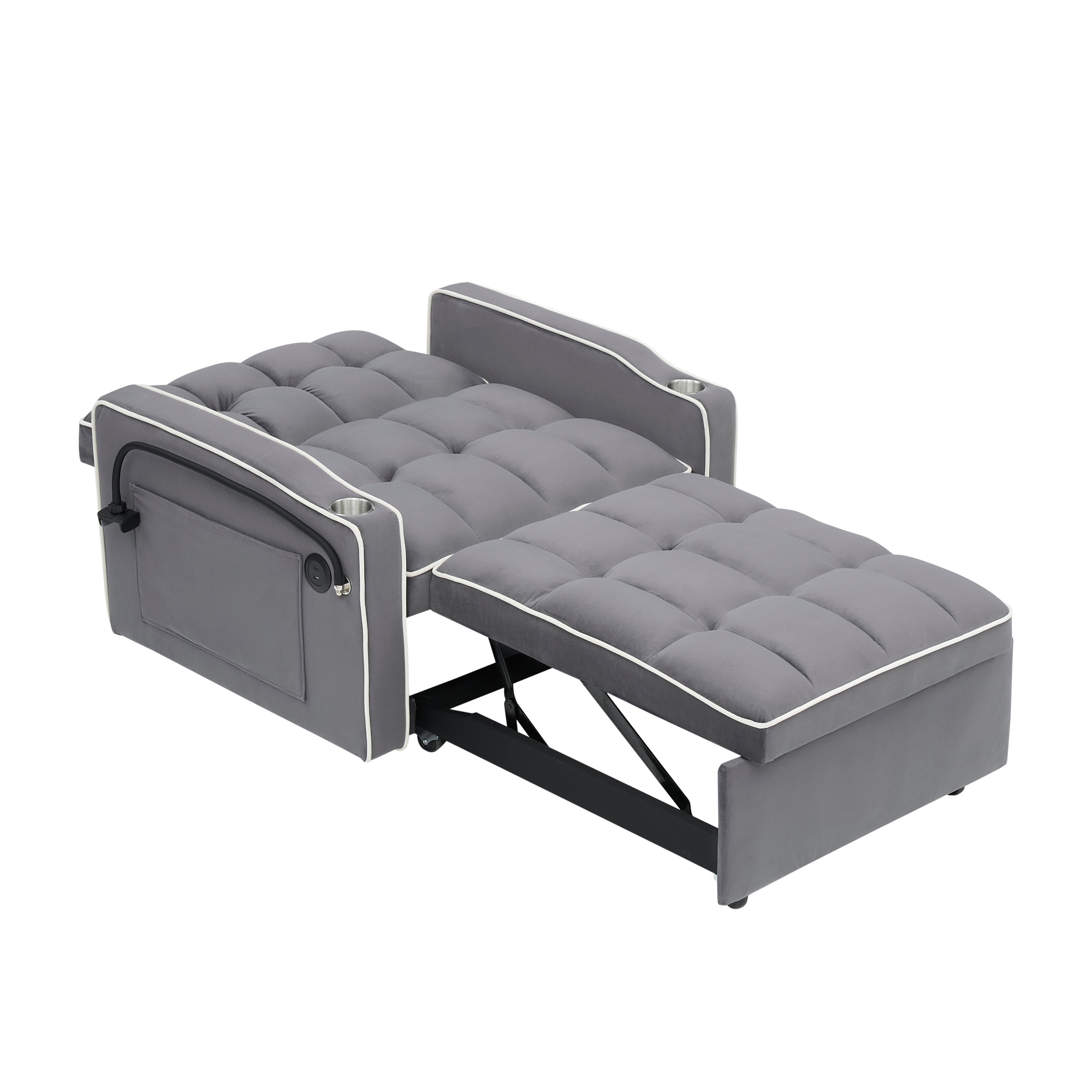 1 versatile foldable sofa bed in 3 lengths, modern sofa sofa sofa velvet pull-out bed, adjustable back and with USB port and ashtray and swivel phone stand dark grey