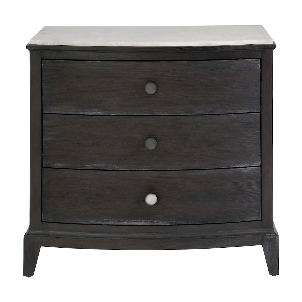 Oak Nightstand with Three Drawers, Stone Top, and USB Outlets with Storage