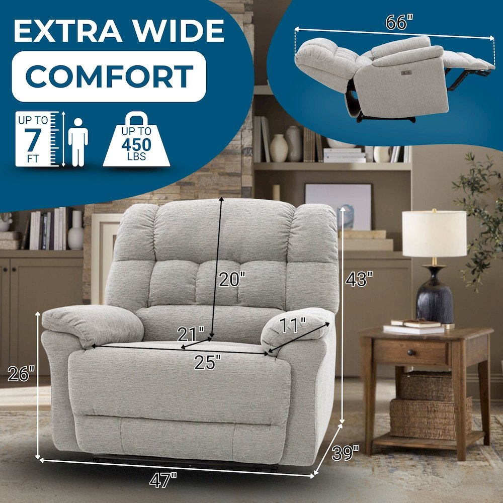 Oversized Recliner Chair for Big and Tall Adults – Power Zero Gravity Recliner with Wide Seat,  Heavy-Duty Big Man, Supports Up to 450 lbs, Gray