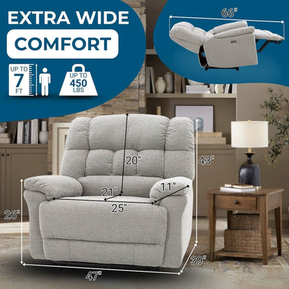 Oversized Recliner Chair for Big and Tall Adults – Power Zero Gravity Recliner with Wide Seat,  Heavy-Duty Big Man, Supports Up to 450 lbs, Gray