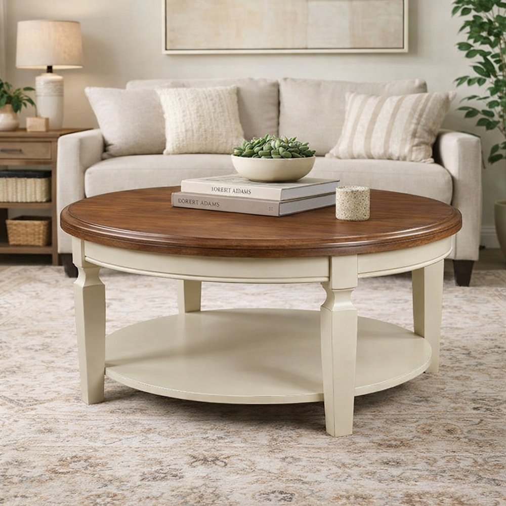 Hickory Shell Round Coffee Table with Parawood Top and Durable Construction