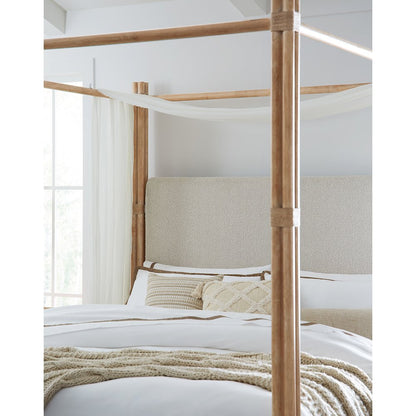 Retreat Pole Rattan King Upholstered Poster Bed withCanopy