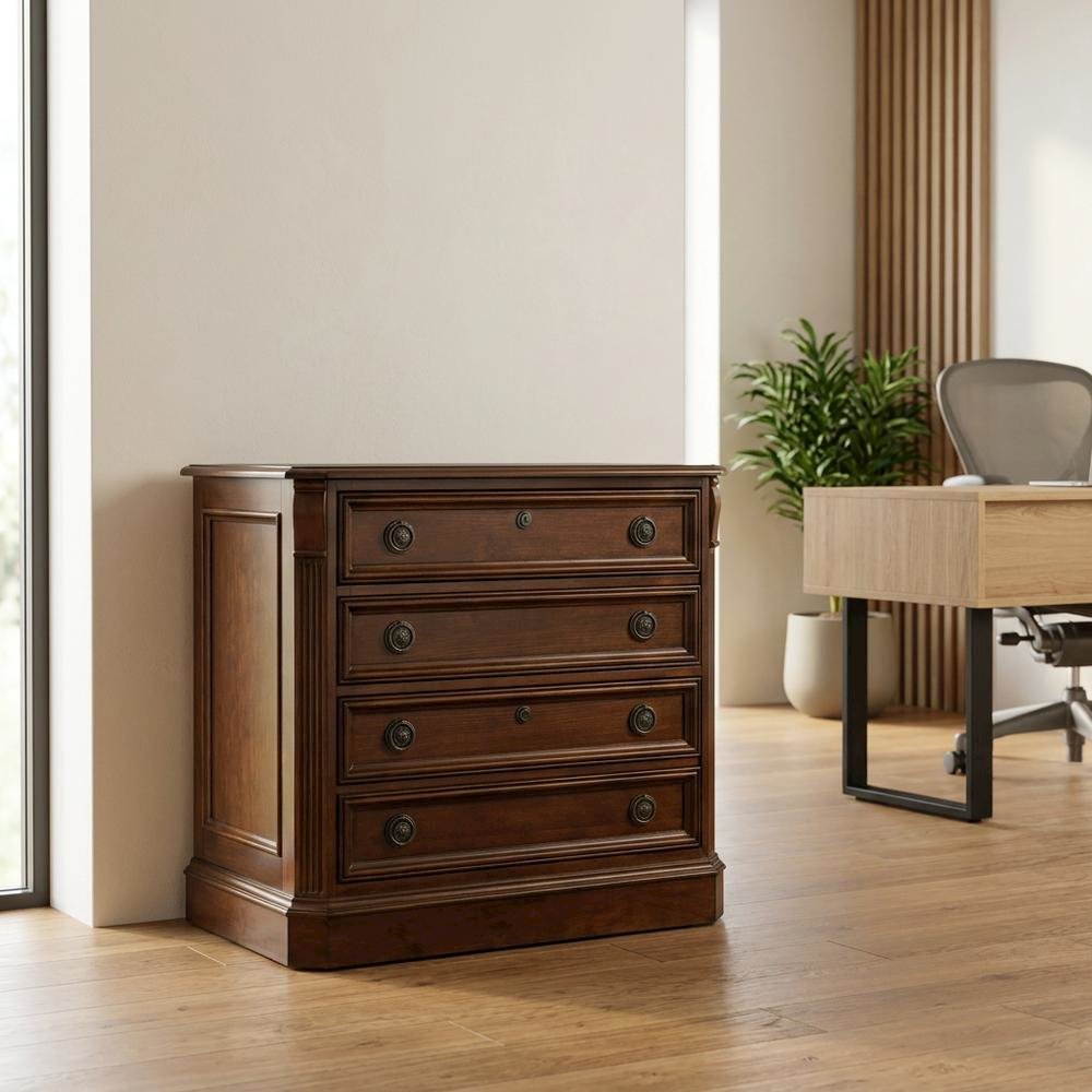 Cherry Veneer Lateral File Cabinet, Traditional, Brown