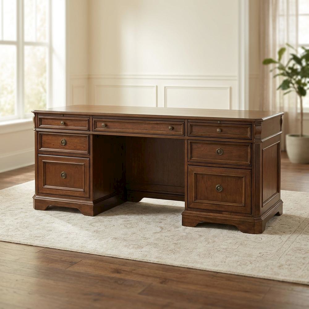 Cherry Veneer Executive Desk, Brown